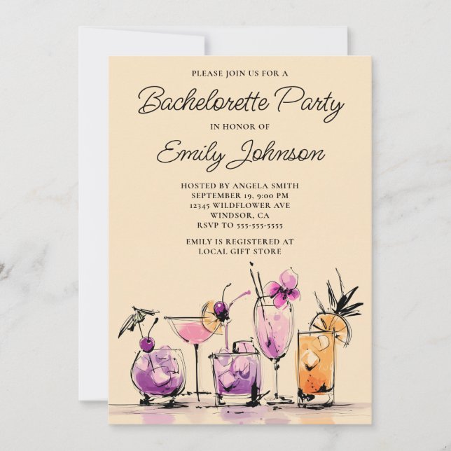 Convites Girly Modern Cocktails Illustration Bachelorette (Frente)