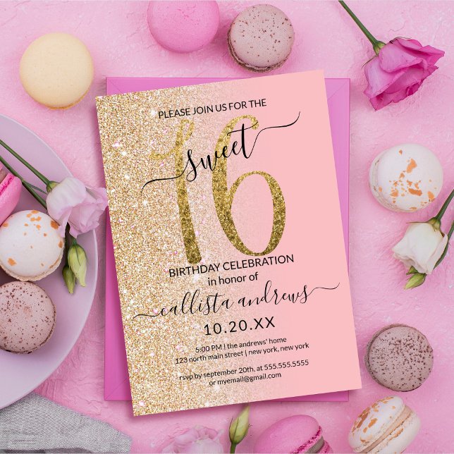 Convites Girly Modern Pink Dourado Glitter Ombre Sweet 16 (Criador carregado)