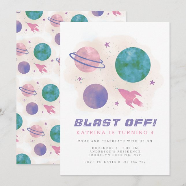 Convites Girly Outter Space Galaxy Planet 4º Aniversário (Frente/Verso)