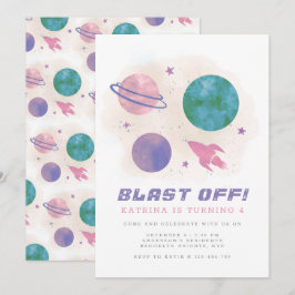 Convites Girly Outter Space Galaxy Planet 4º Aniversário