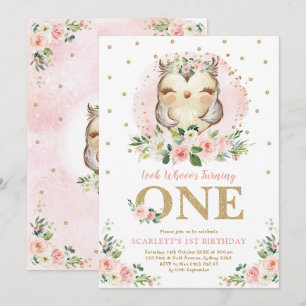 Convites Girly Owl Blush, Festa de primeiro aniversario Flo