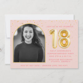 Convites Girly Pink 18º Balão Dourado de Aniversário Confet