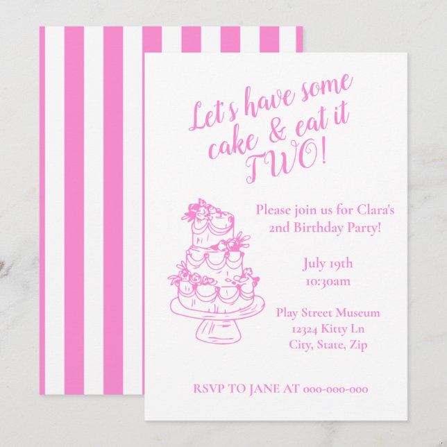 Convites Girly Pink 2nd Birthday Invitation - Cake Theme  (Frente/Verso)