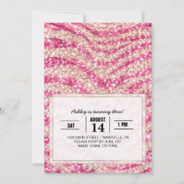 Convites Girly Pink Blush Glitter Zebra Pattern