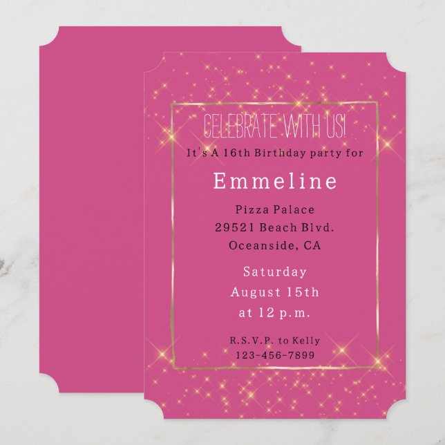 Convites Girly Pink Dourado Sparkles Aniversário (Frente/Verso)