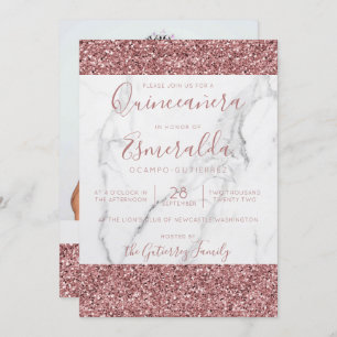 Convites Girly Pink Glitter Marble Quinceanera Foto
