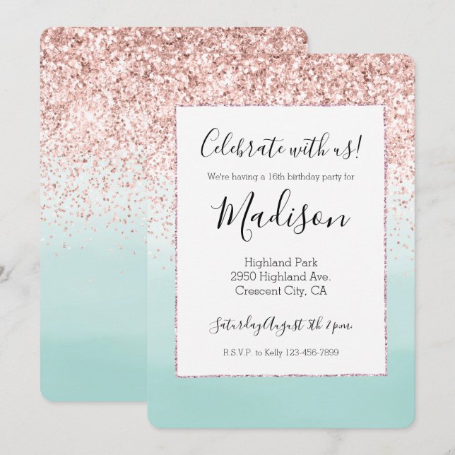 Convites Girly Pink Glitter Mint Ombre Watercolor (Frente/Verso)