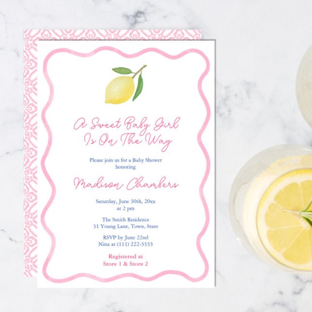 Convites Girly Pink Wavy Line Lemon Sweet Baby Girl Chá (Sweet Baby Girl Pink citrus shower invitation cards with vintage pink tile backer and wavy border)
