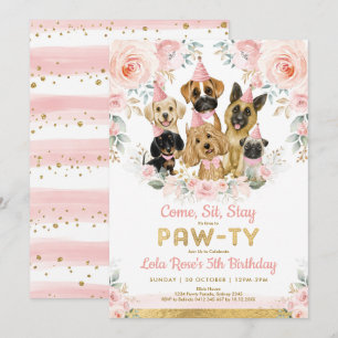 Convites Girly Puppy Dog Festa de aniversário Pink Flores 