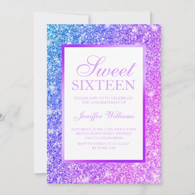 Convites Girly Purple e Pink Glitter Sweet 16 (Frente)