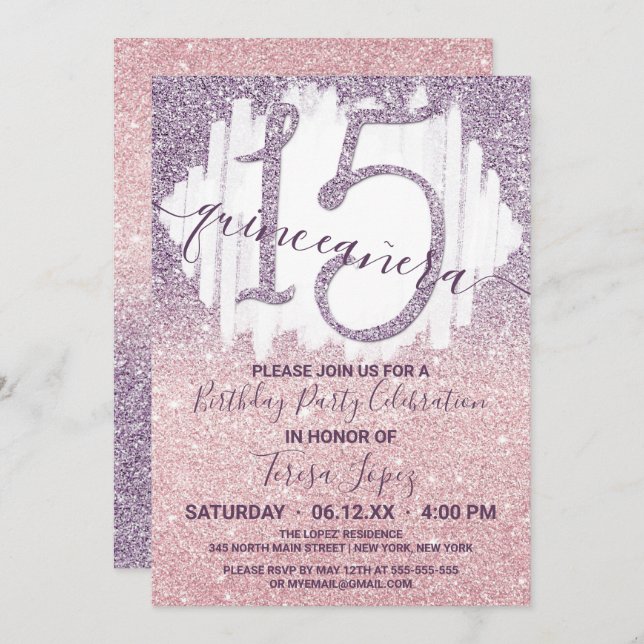 Convites Girly Purple Faux Glitter Ombre Quinceañera (Frente/Verso)