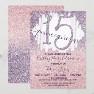 Convites Girly Purple Faux Glitter Ombre Quinceañera