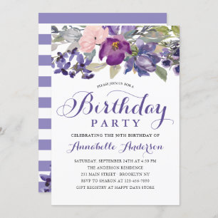 Convites Girly Purple Floral Watercolor Script Birthday