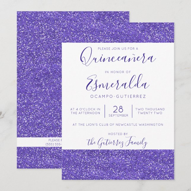 Convites Girly Purple Glitter Sparkle Quinceanera (Frente/Verso)