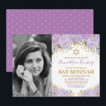 Convites Girly Purple Lavanda Dourada Bat Mitzvah<br><div class="desc">Celebre o Bat Mitzvah da sua filha com esta lavanda maravilhosa e um convite floral de ouro! O texto é perfeitamente personalizável. Se você quiser alterar o estilo da fonte,  as cores ou reorganizar os gráficos,  basta clicar no botão "Clique para personalizar mais".</div>