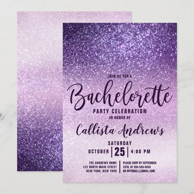 Convites Girly Purple Triple Glitter Bachelorette (Frente/Verso)
