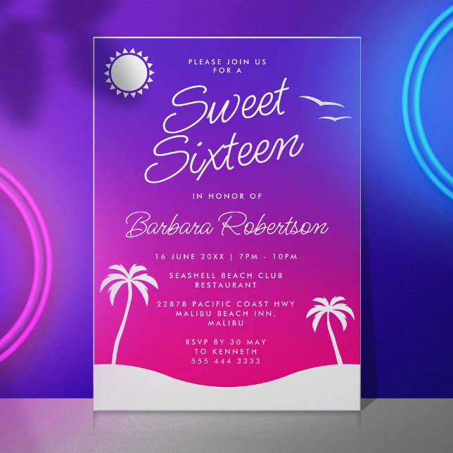 Convites Girly Purple Tropical Sunset Script Sweet Sessenta (Sweet sixteen invitation with sunset and tropical palm trees)