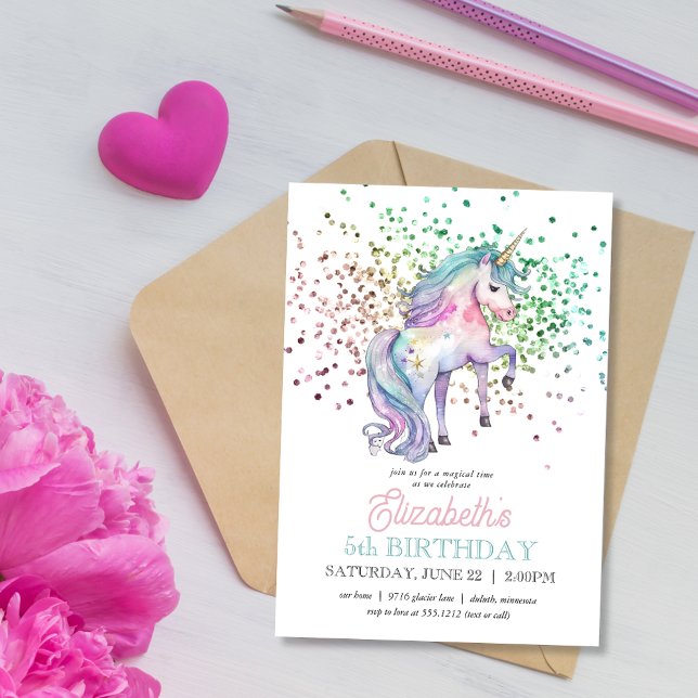 Convites Girly Rainbow Glitter Magical Unicorn Aniversário (Criador carregado)