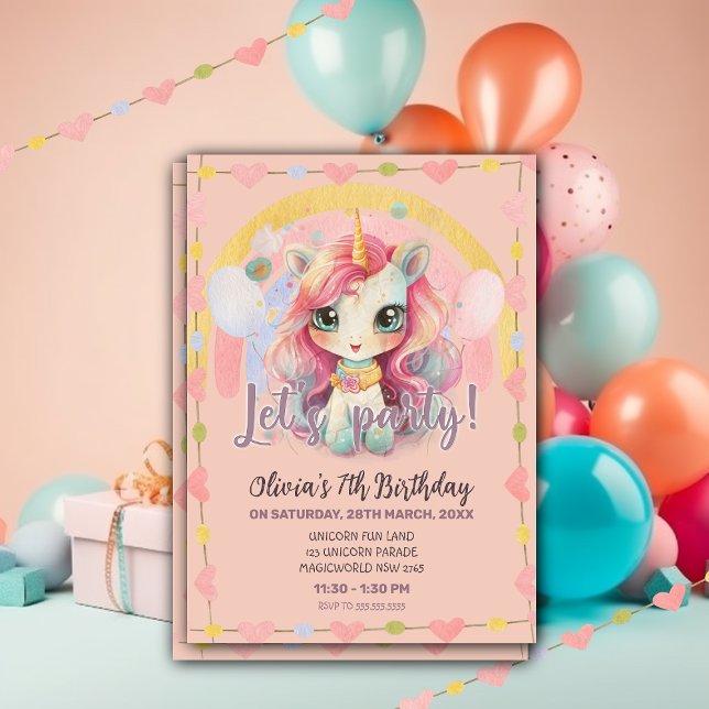 Convites Girly Rainbow Pastel Pink Kawaii Unicorn Aniversár (Criador carregado)
