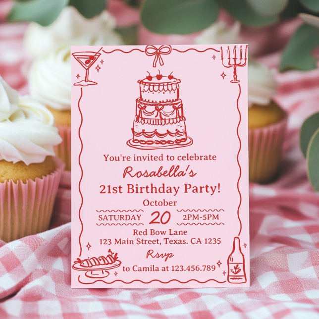 Convites Girly Red and Pink Bow Cake Birthday Invitation (Criador carregado)