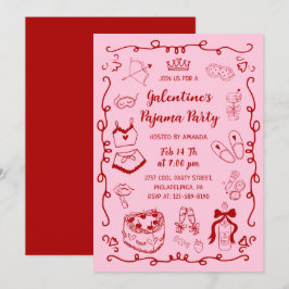 Convites Girly Red Pink Hand Drawn Galentine's Pajama Party