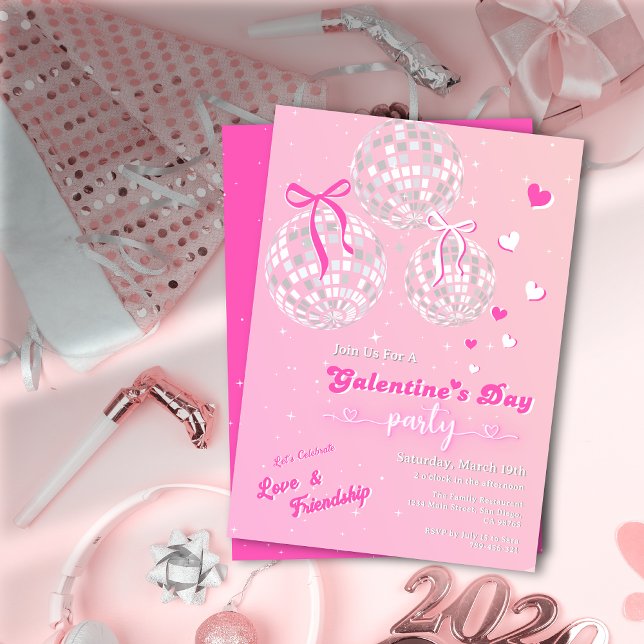 Convites Girly Retro Pink Silver Disco Ball Galentine (Girly Retro Pink Silver Disco Ball Galentine's Day Invitation)