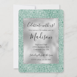 Convites Girly Silver Mint Glitter Glitz Leopard