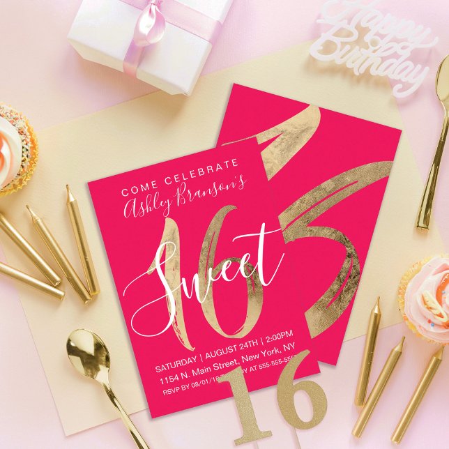 Convites Girly Simple Gold Foil Neon Pink Sweet 16 (Criador carregado)