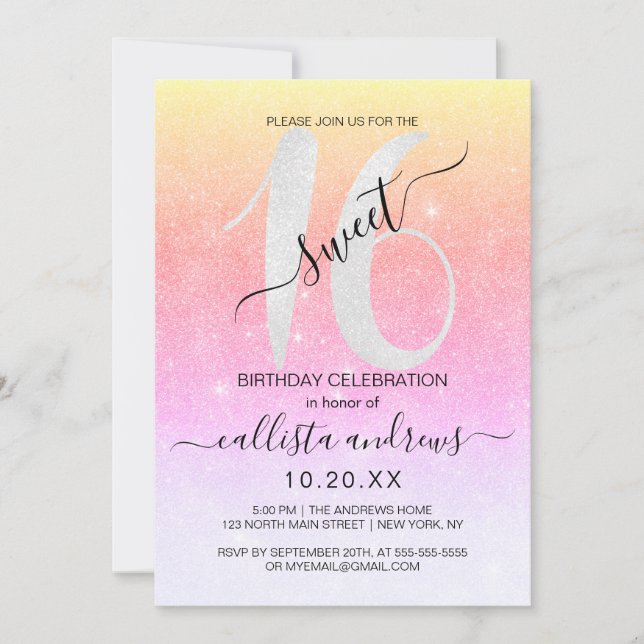 Convites Girly Sparkly Rainbow Glitter Ombre Sweet 16 (Frente)