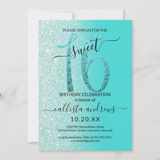 Convites Girly Teal Mint Green Glitter Ombre Sweet 16 (Frente)