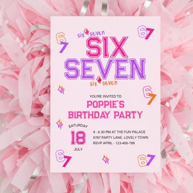 Convites Girly Varsity Pink Purple 6 7 Meme Birthday Party (6 7 girls birthday invitation in pink and purple, with girly varsity typography design)