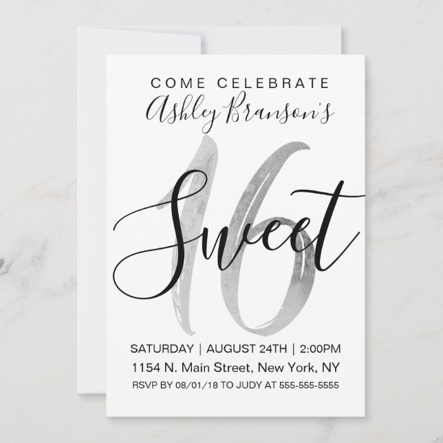 Convites Girly White Faux Silver Foil Sweet 16 (Frente)