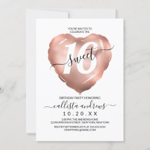 Convites Girly White Rose Gold Foil Heart Balloon Sweet 16