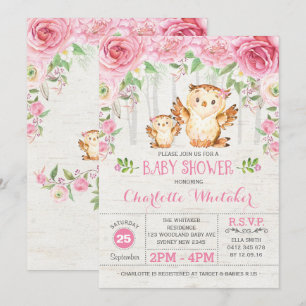 Convites Girly Woodland Owl Floral Chá de fraldas Rosa Invi