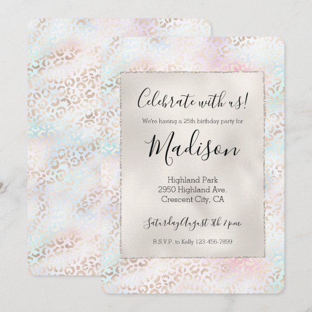 Convites Giry Aqua Blush Pink Dourado Leopard (Frente/Verso)