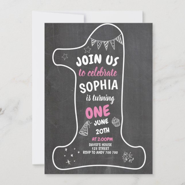 Convites Giz de primeiro aniversario Número Um (Frente)