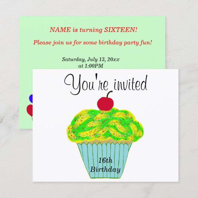 Convites Glacé Amarelo e Verde Cupcake Vanilla Cherry (Frente/Verso)