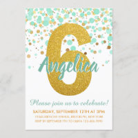 Glam 6 Birthday Mint Green Dourado Glitter Confett