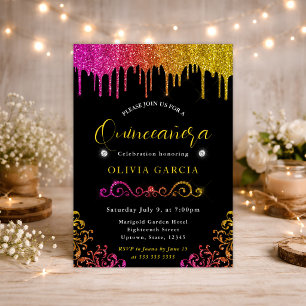 Convites Glam Amarelo e Rosa Gradiente Brilho Quinceanera