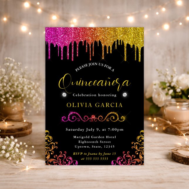 Convites Glam Amarelo e Rosa Gradiente Brilho Quinceanera (Criador carregado)
