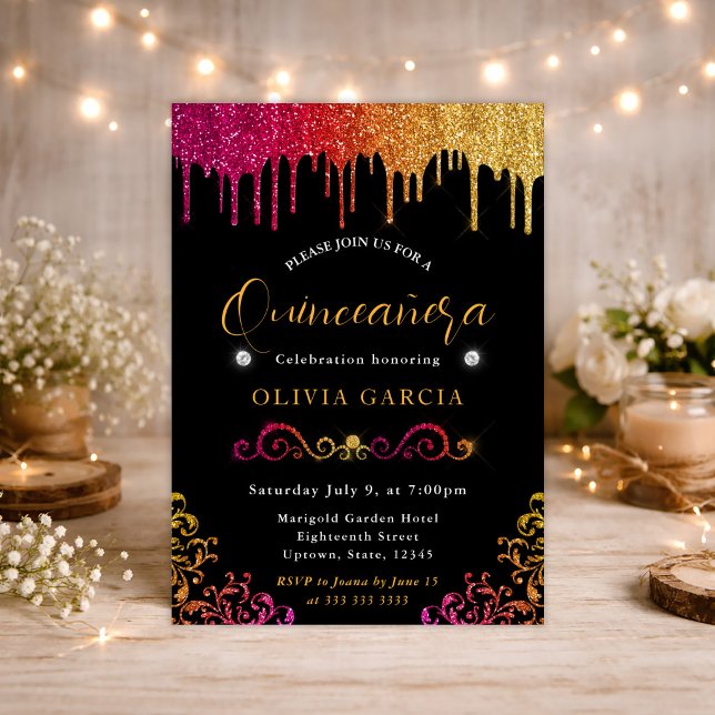 Convites Glam Amarelo e Rosa Gradiente Purpurina Quinceaner (Criador carregado)