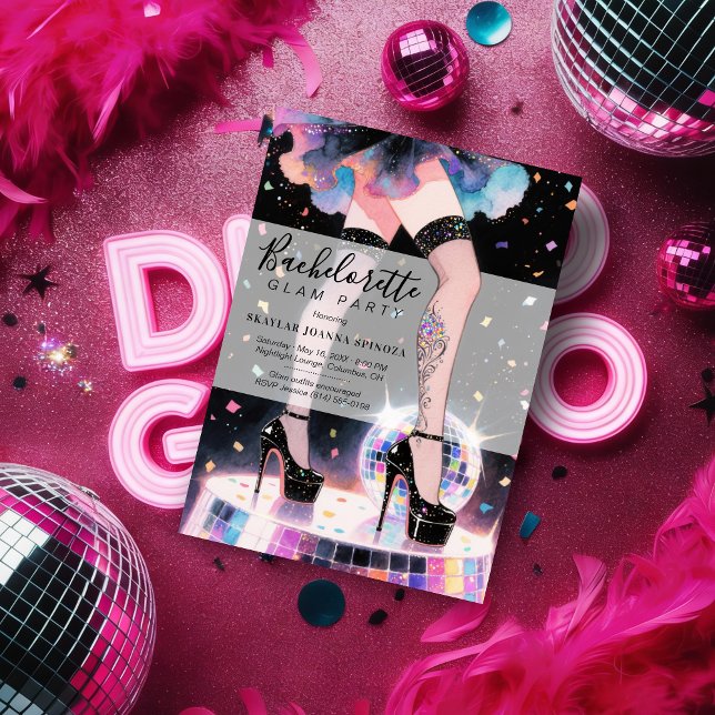 Convites Glam and Funny Go-go Dancing Disco Bachelorette (Glam and Funny Showgirl Dancing Disco Wedding Bachelorette Party Invitations Cards.)
