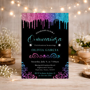 Convites Glam Azul e Rosa Gradiente Lantejoulas Quinceanera