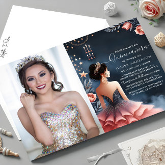 Convites Glam Ball Gown Spark Dark Marinho Quinceanera Azul