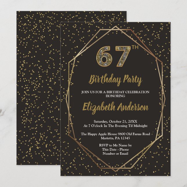 Convites Glam Black Gold 67th Birthday Party (Frente/Verso)
