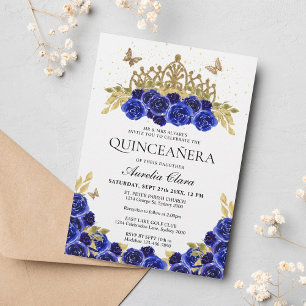 Convites Glam Blue Floral Dourado Tiara Quinceanera
