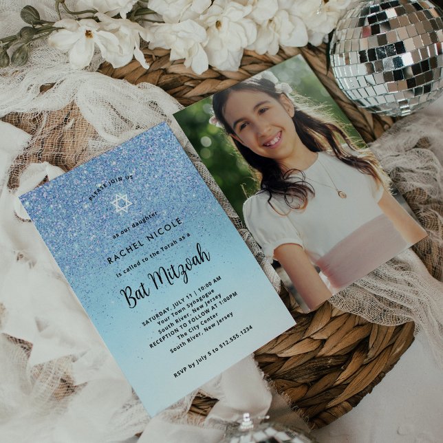 Convites Glam Blue Glitter Olha Bat Mitzvah | Remoção de fo (Criador carregado)