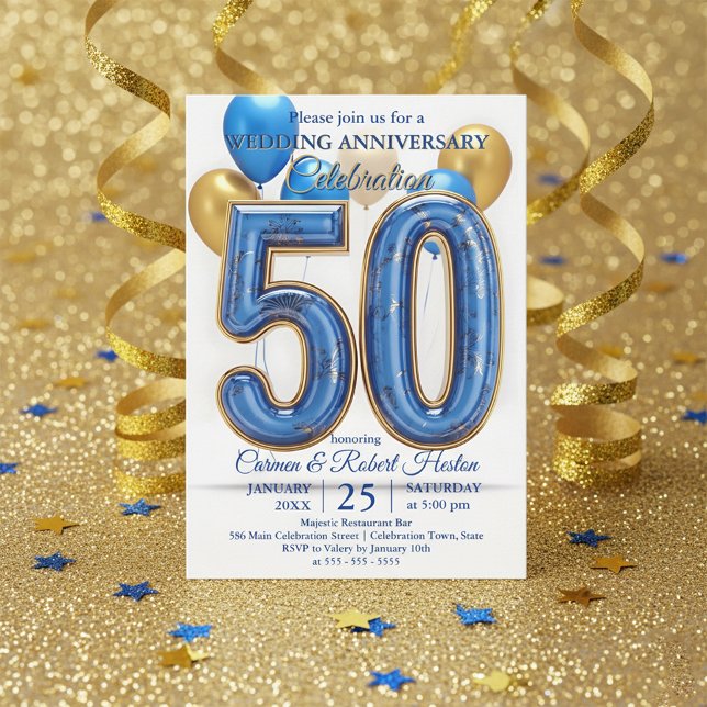 Convites Glam Blue Gold Balloons 50th Wedding Anniversary  (Criador carregado)