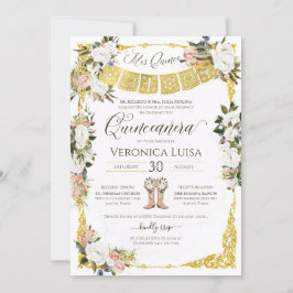 Convites Glam Blush, Branco com Quinceñera Inv Floral Doura