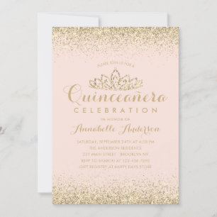 Convites Glam Blush Pink Quinceañera Dourada Tiara Glitter